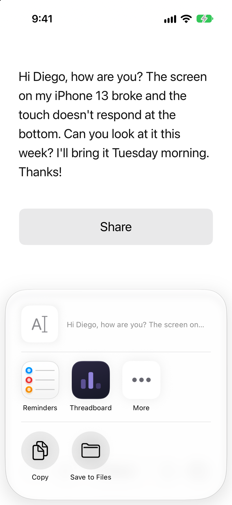 Threadboard's share extension reading a request just shared from WhatsApp.