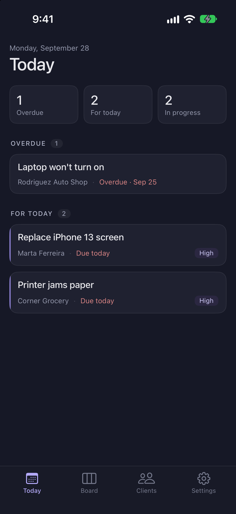 Threadboard's Today screen listing the tasks due today and the overdue ones.