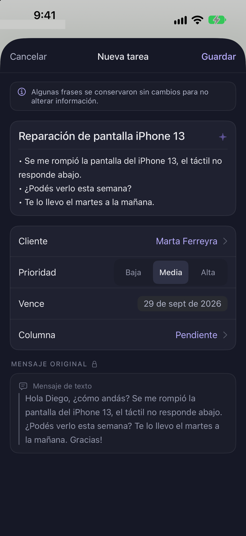Un borrador editable con título, cliente, prioridad y fecha límite completos.