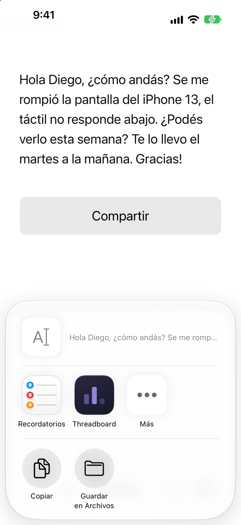 La extensión de Threadboard leyendo un pedido recién compartido desde WhatsApp.